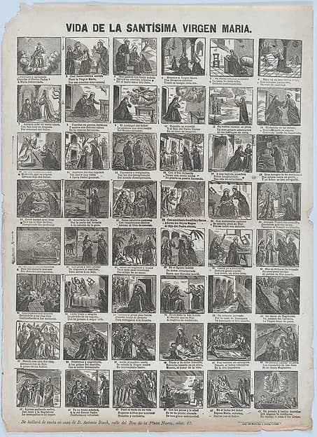 Broadside with 48 scenes of the life of the Virgin by José Noguera depicting Luke 1