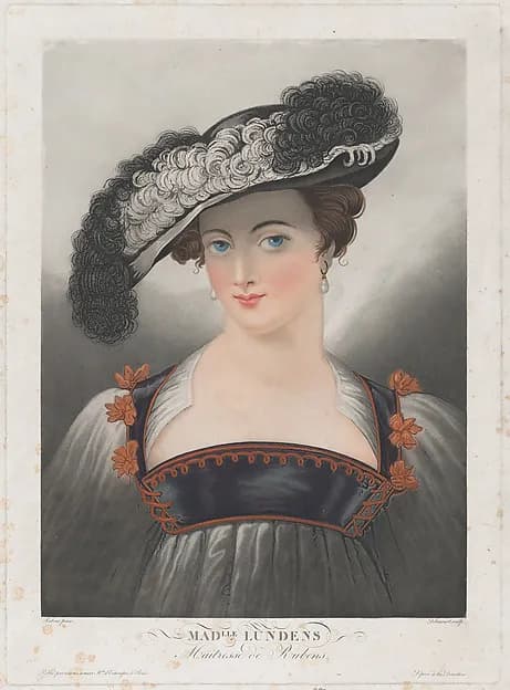 Portrait of Susanna Lunden, wearing wide-brimmed hat with feathers by Louis Philibert Debucourt depicting Daniel 13