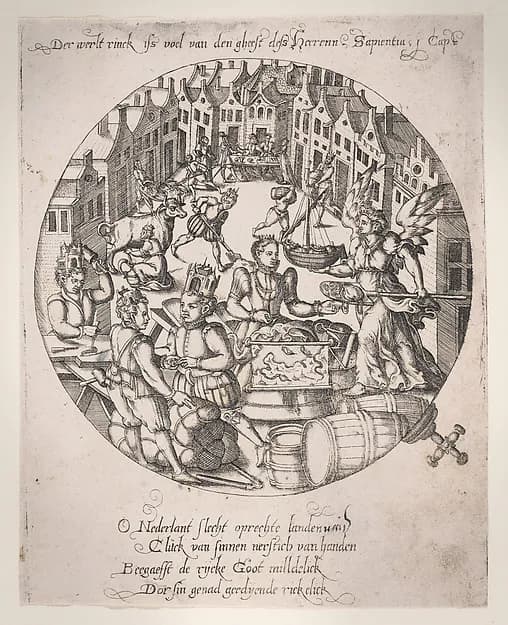 The world is full of the spirit of the Lord (Wisdom of Solomon 1:7), plate 1 from a series of Four Allegories of the Netherlands by Anonymous, Netherlandish, 16th century depicting 1 Kings 3