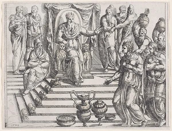 The Queen of Sheba and Solomon, from Old and New Testaments by Augustin Hirschvogel depicting 1 Kings 10