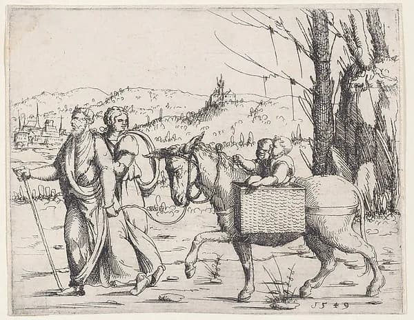 Moses and Zipporah Returning to Egypt, from Old and New Testaments by Augustin Hirschvogel depicting Exodus 2