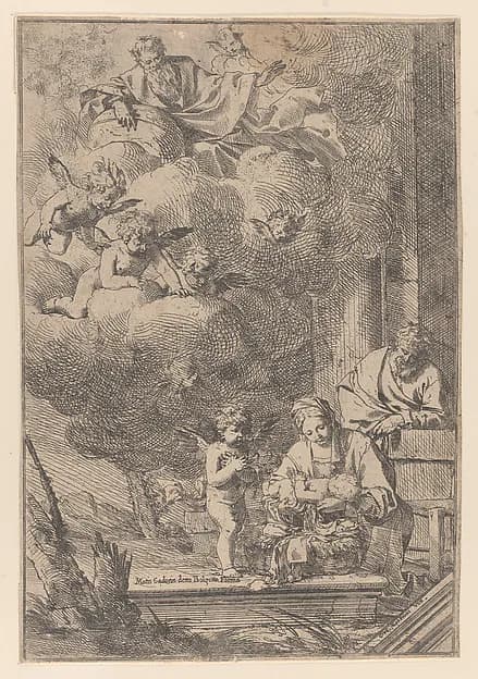 The Holy Family with the Virgin holding Christ over the cradle by Giulio Carpioni depicting Luke 2