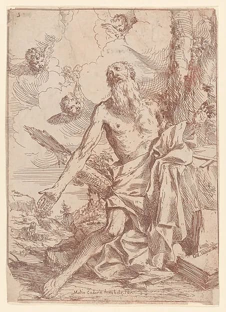 Saint Jerome kneeling beside a tree with his arms outstretched by Giulio Carpioni depicting Romans 8