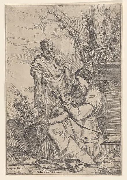 The Holy Family with the Virgin reading a book by Giulio Carpioni depicting Luke 2