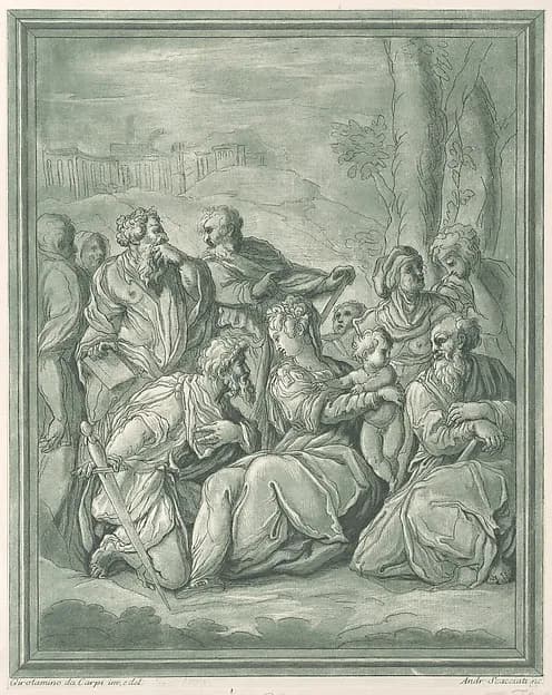 Virgin and child surrounded by figures by Andrea Scacciati depicting Luke 2