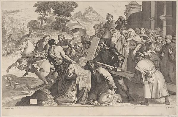 Road to Calvary, at center Veronica kneels before Christ and holding the Sudarium by Coryn Boel depicting Mark 15