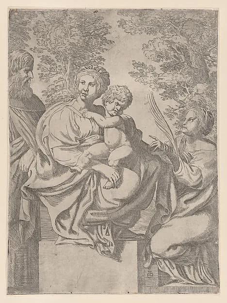 Virgin and Child, with Saints Anthony and Catherine by Giacomo Cavedone depicting Luke 2