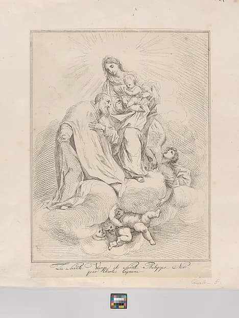 Virgin and Child seated on clouds with Saint Philip Neri at left by Giuseppe Canale depicting Luke 2