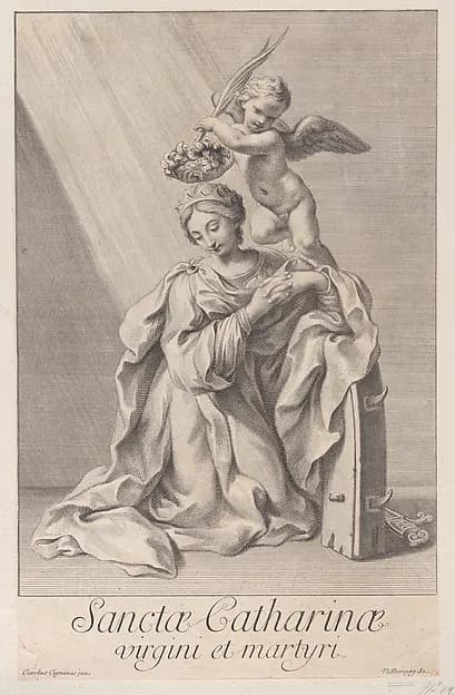 Saint Catherine of Alexandria, kneeling with her elbow resting on the spiked wheel, and an angel crowning her with a flower wreath by Sir Nicolas Dorigny depicting Romans 8