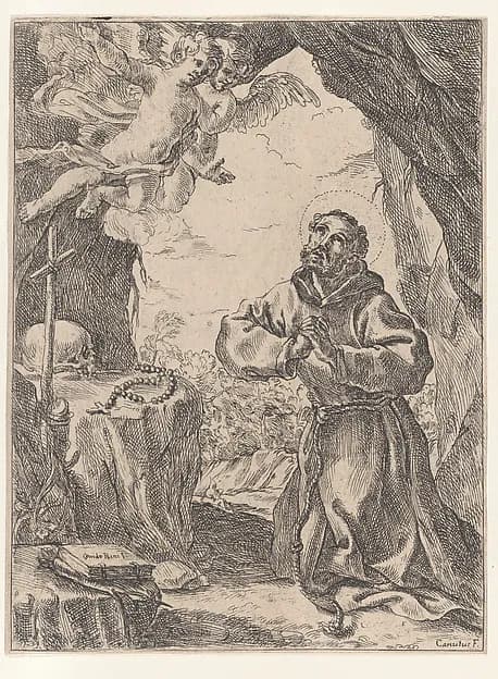 Saint Francis of Assisi, kneeling before a crucifix with two angels at upper left by Domenico Maria Canuti depicting Matthew 5