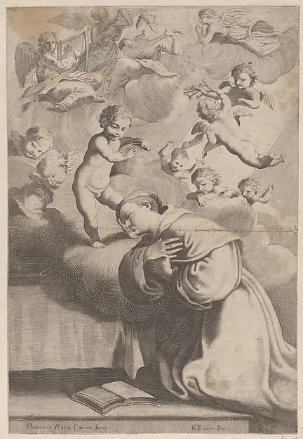 A male saint kneeling before the Christ child by Anonymous depicting Luke 2