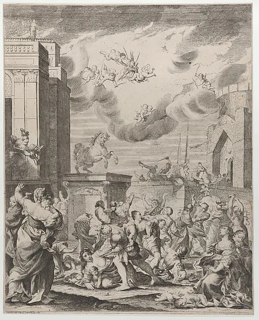 The massacre of the innocents set against a townscape by Lodovico Mattioli depicting Matthew 2