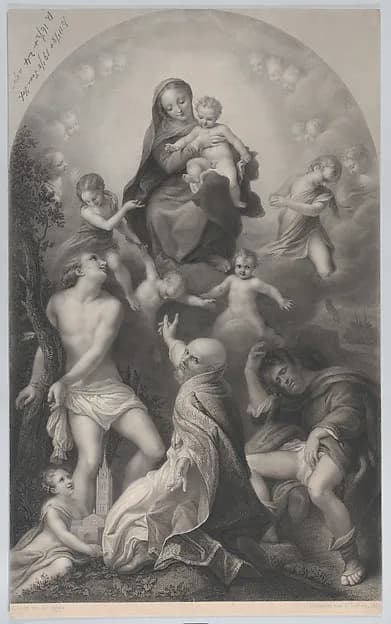 The Madonna of Saint Sebastian, with the Virgin and Child, surrounded by angels, looking down at Saint Sebastian, Saint Germinianus, and Saint Roch by Achille Désiré Lefèvre depicting Romans 8