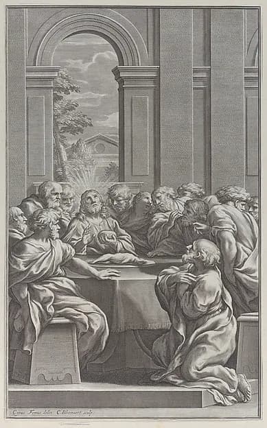 The Last Supper, the interior of a classical building with Christ and his apostles seated at a table by Cornelis Bloemaert depicting Matthew 26
