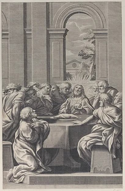 The Last Supper, the interior of a classical building with Christ and his apostles seated at a table by François Spierre depicting Luke 22
