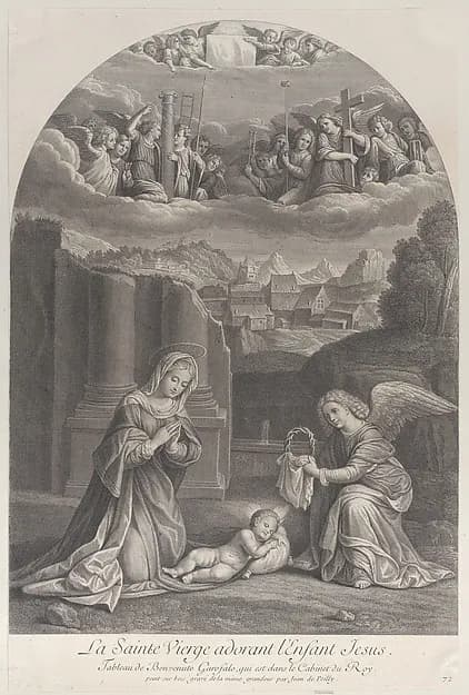 The Virgin Mary adoring the Christ child, an angel holding a crown of thorns at right by Frédéric Horthemels depicting Luke 2