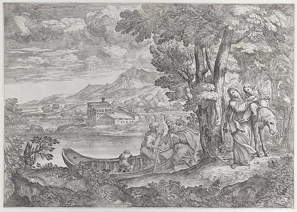 Landscape with the flight into Egypt by Giovanni Francesco Grimaldi depicting Matthew 2