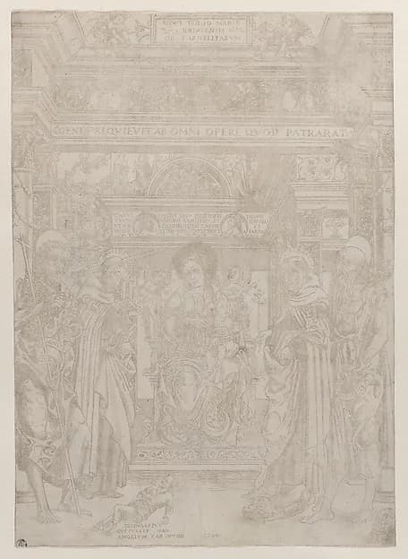 The Virgin and Child enthroned within an elaborate architectural structure, flanked by four saints, at left St John the Baptist and St Angelus, at right St Albert and St Jerome by Giovanni Maria da Brescia depicting Matthew 3