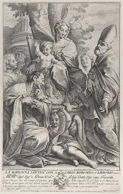 Virgin and Child with Saint Ciborius and Carlo Borromeo by Sir Nicolas Dorigny depicting Luke 2