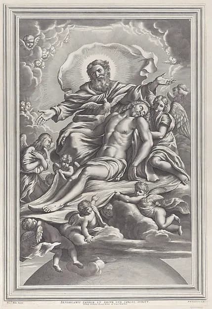 The Holy Trinity, with the dead Christ at center surrounded by angels, God the Father, and the Holy Spirit by F. de Louvement depicting Matthew 28
