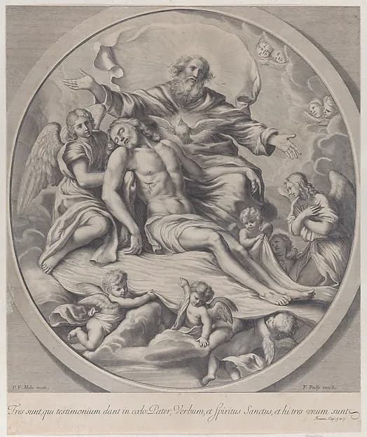 The Holy Trinity, with the dead Christ at center surrounded by angels, God the Father, and the Holy Spirit by Anonymous depicting Matthew 28