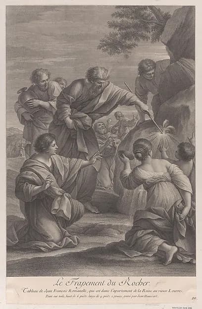 Moses striking the rock with a stick to bring forth water, while the Israelites look on in amazement by Jean-Baptiste Haussard depicting Exodus 2