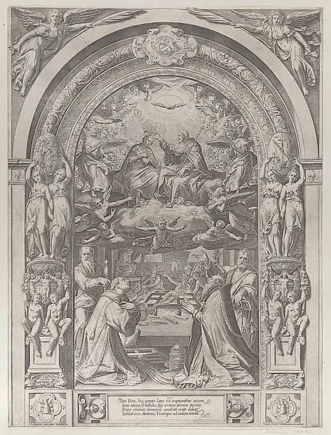 Saints Lawrence, Sixtus, Peter, and Paul adoring the Coronation of the Virgin by Christ above by Anonymous depicting John 1