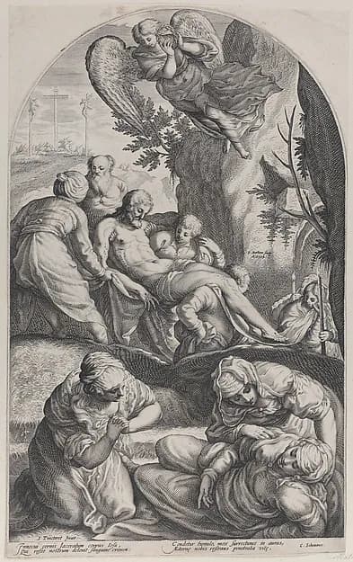 The Entombment, with Christ's body carried on a sheet at center, the three Maries in the foreground, and an angel overhead by Jacob Matham depicting Matthew 27
