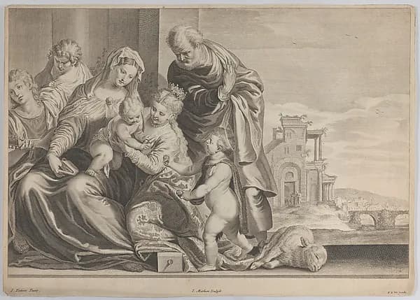 The Holy Family with Saint John the Baptist and musicians by Jacob Matham depicting Matthew 3