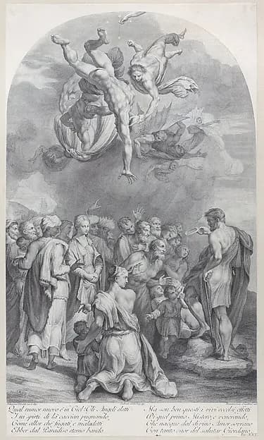 Plate 41: Saint John the Baptist preaching to a large crowd and baptizing children by Bartolomeo Crivellari depicting Matthew 3