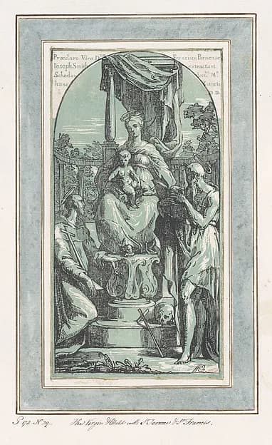 The Virgin and Child Enthroned, Saint Jerome at lower right, Saint Francis at lower left by Anton Maria Zanetti the Elder depicting Romans 8
