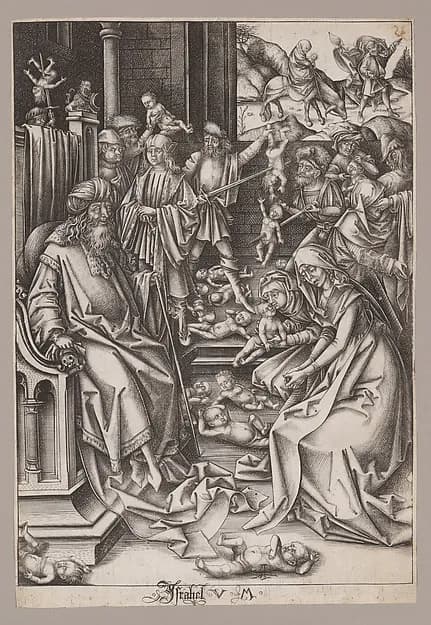 The Massacre of the Innocents with the Flight into Egypt, from "The Life of the Virgin" by Israhel van Meckenem depicting Matthew 2