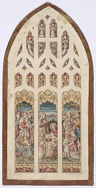 Design for a stained glass window with Jesus Blessing the Little Children by Anonymous, British, 19th century depicting John 1