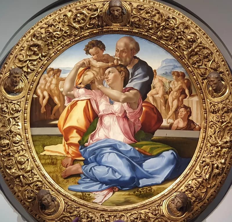 Doni Tondo (Holy Family) by Michelangelo Buonarroti depicting Luke 2:7