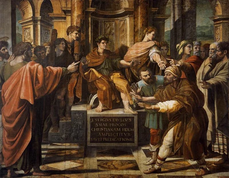The Conversion of the Proconsul (Blinding of Elymas) by Raffaello Sanzio da Urbino depicting Acts 13:9