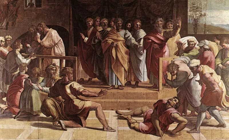 The Death of Ananias by Raffaello Sanzio da Urbino depicting Acts 5:1