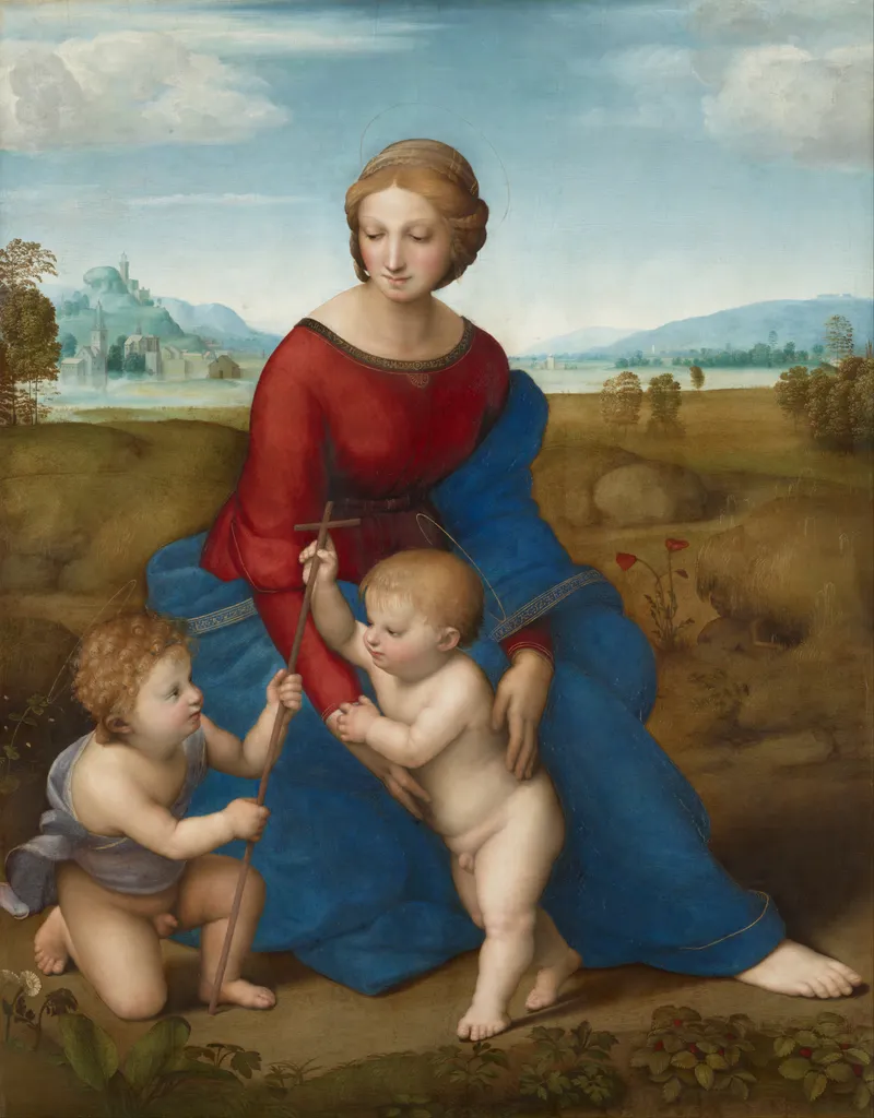 Madonna of the Meadow by Raffaello Sanzio da Urbino depicting Luke 2:7