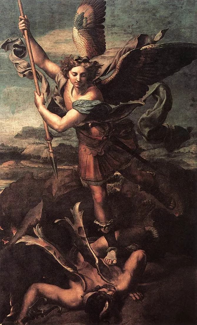 Saint Michael Vanquishing Satan by Raffaello Sanzio da Urbino depicting Revelation 12:7