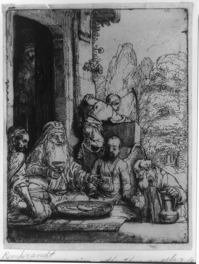 Abraham Entertaining the Three Angels by Rembrandt van Rijn depicting Genesis 18:1