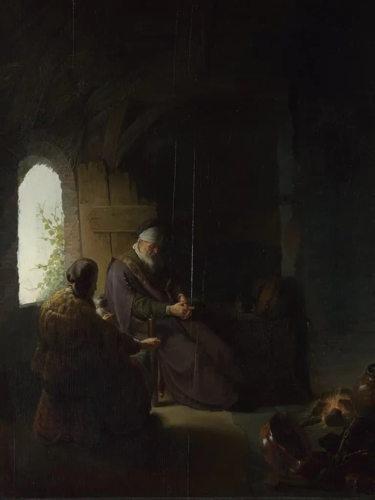 Anna and the Blind Tobit by Rembrandt van Rijn depicting Tobit 2:11