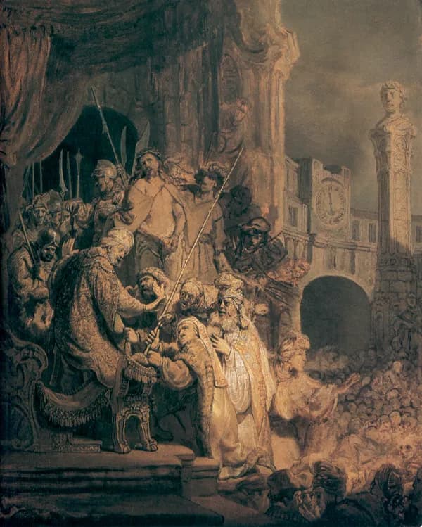 Christ Before Pilate by Rembrandt van Rijn depicting Matthew 27:11