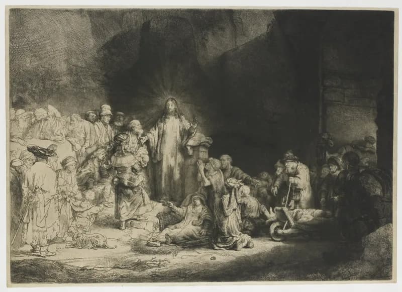 Christ Preaching ("Hundred Guilder Print") by Rembrandt van Rijn depicting Matthew 19:1