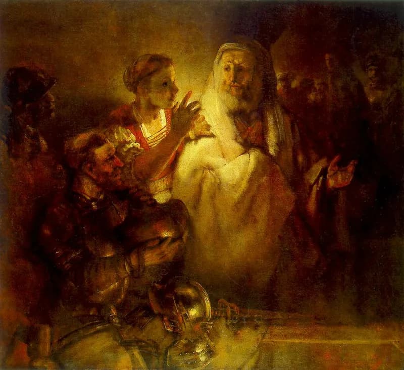 The Denial of Saint Peter by Rembrandt van Rijn depicting Luke 22:54