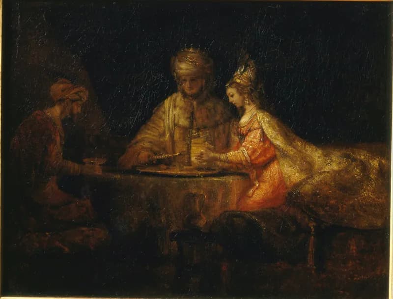 Haman Before Ahasuerus and Esther by Rembrandt van Rijn depicting Esther 7:7