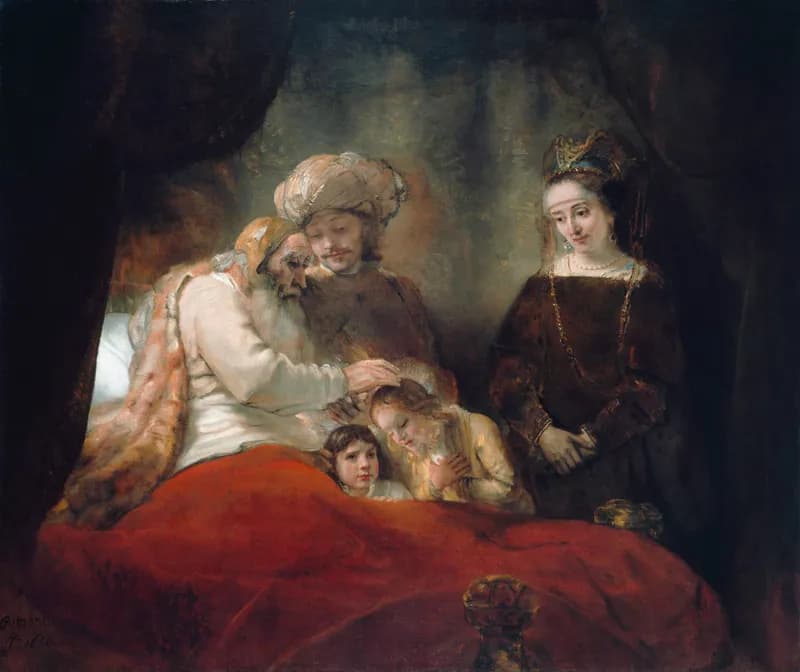 Jacob Blessing Joseph's Sons by Rembrandt van Rijn depicting Genesis 48:14