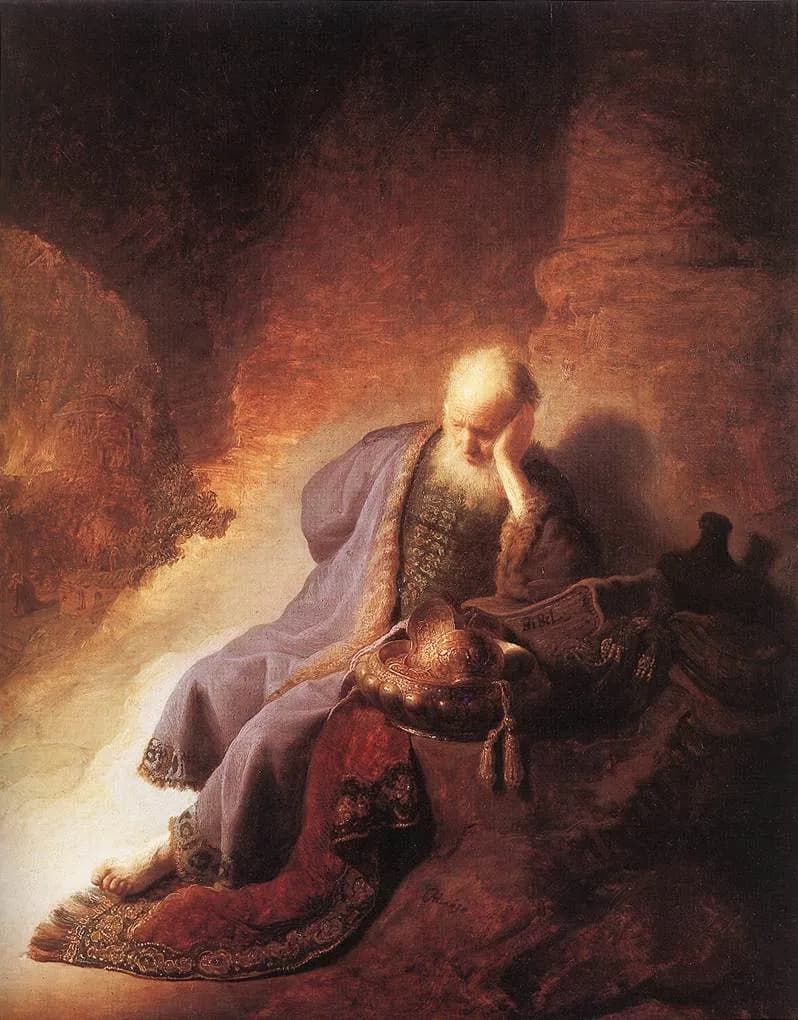 Jeremiah Lamenting the Destruction of Jerusalem by Rembrandt van Rijn depicting Lamentations 1:1