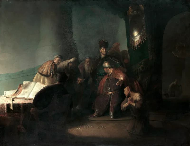 Judas Returning the Thirty Pieces of Silver by Rembrandt van Rijn depicting Matthew 27:3