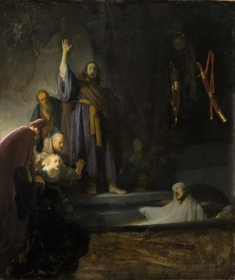 The Raising of Lazarus (Etching) by Rembrandt van Rijn depicting John 11:43