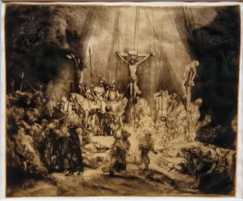 The Three Crosses by Rembrandt van Rijn depicting Luke 23:33