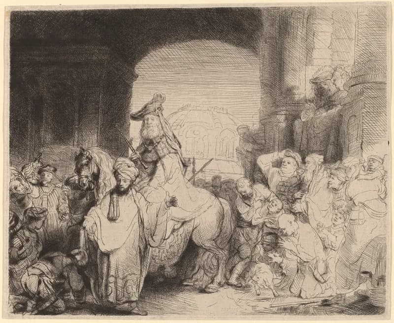 The Triumph of Mordecai by Rembrandt van Rijn depicting Esther 6:10
